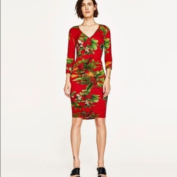 Zara Woman Plunge Ruched Draped Tropical Print Bodycon Dress